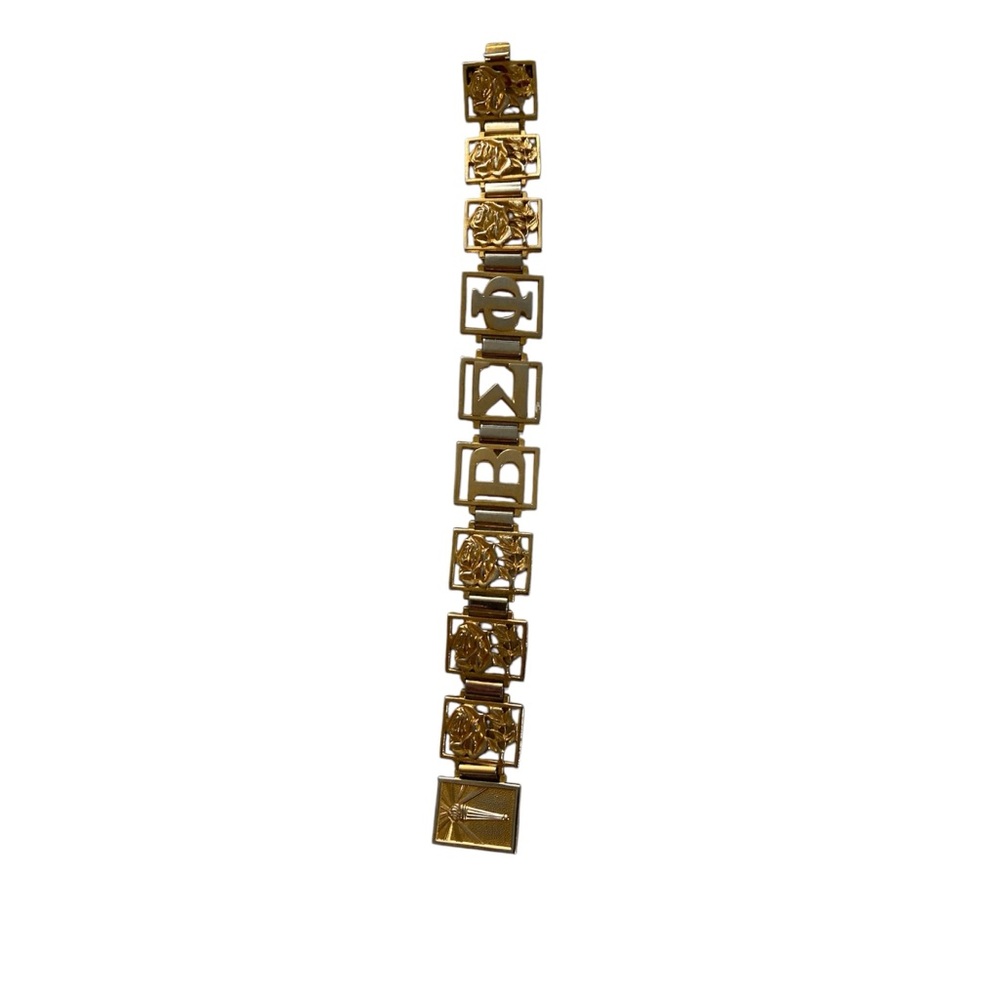 Vintage Beta Sigma Phi Gold Tone Sorority Letters Rose Torch Panel Bracelet